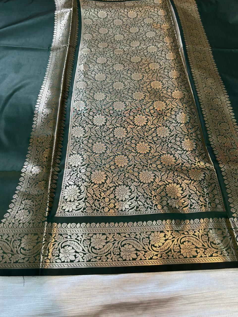 Army Green Semi Katan Silk Banarasi Saree with Brocade Blouse | Lightweight Golden Zari Woven Saree