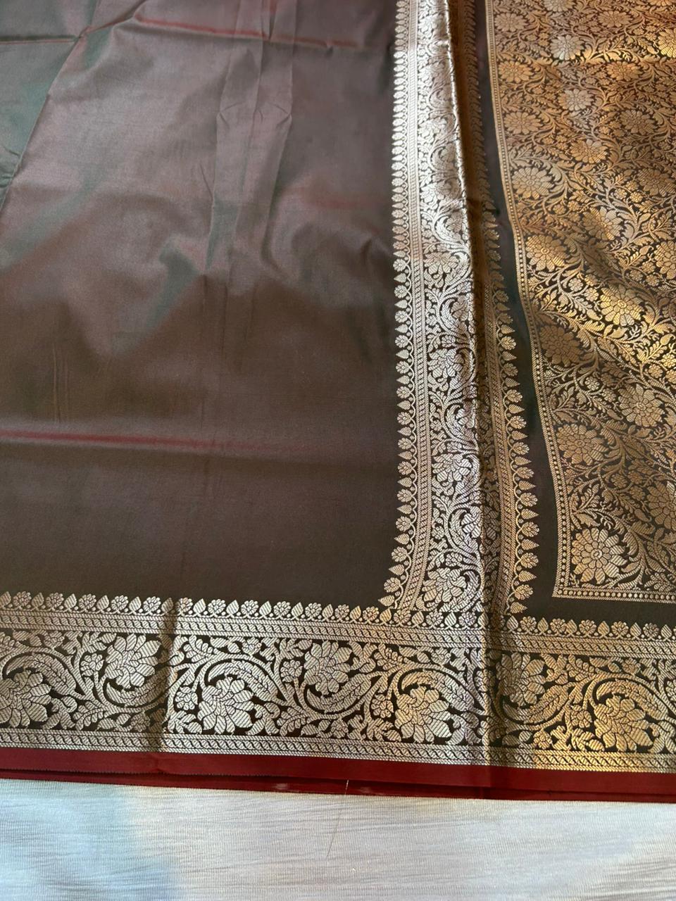 Dhoop Chaanv Dual Shade Green Semi Katan Silk Banarasi Saree with Brocade Blouse | Lightweight Zari Woven Saree