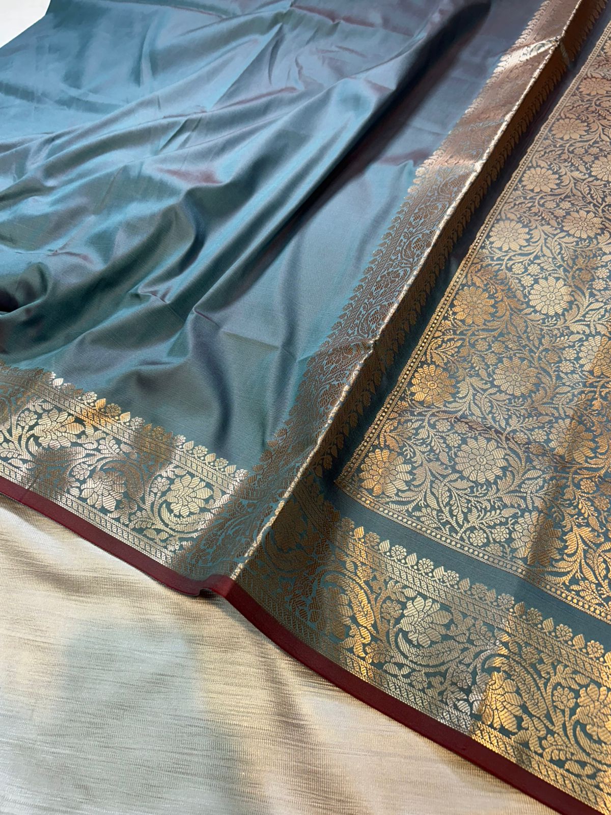 Dark Cloudy Blue Plain Semi Katan Silk Banarasi Saree with Brocade Blouse | Lightweight Golden Zari Saree
