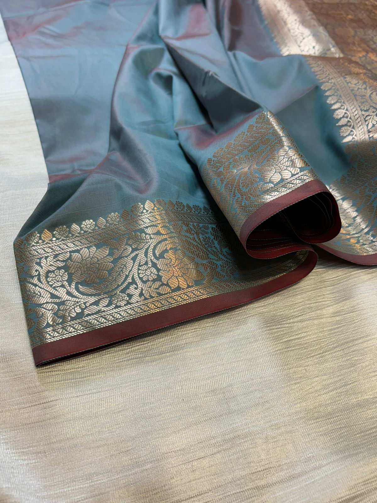 Dark Cloudy Blue Plain Semi Katan Silk Banarasi Saree with Brocade Blouse | Lightweight Golden Zari Saree