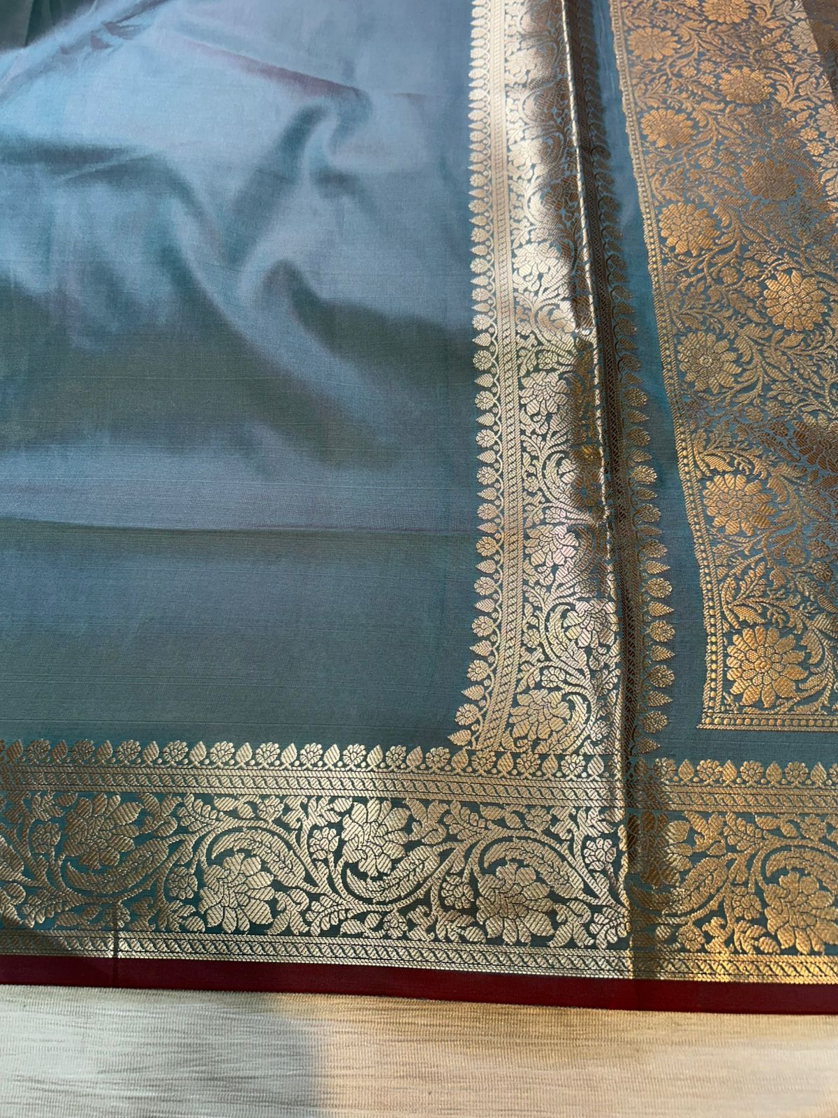 Dark Cloudy Blue Plain Semi Katan Silk Banarasi Saree with Brocade Blouse | Lightweight Golden Zari Saree