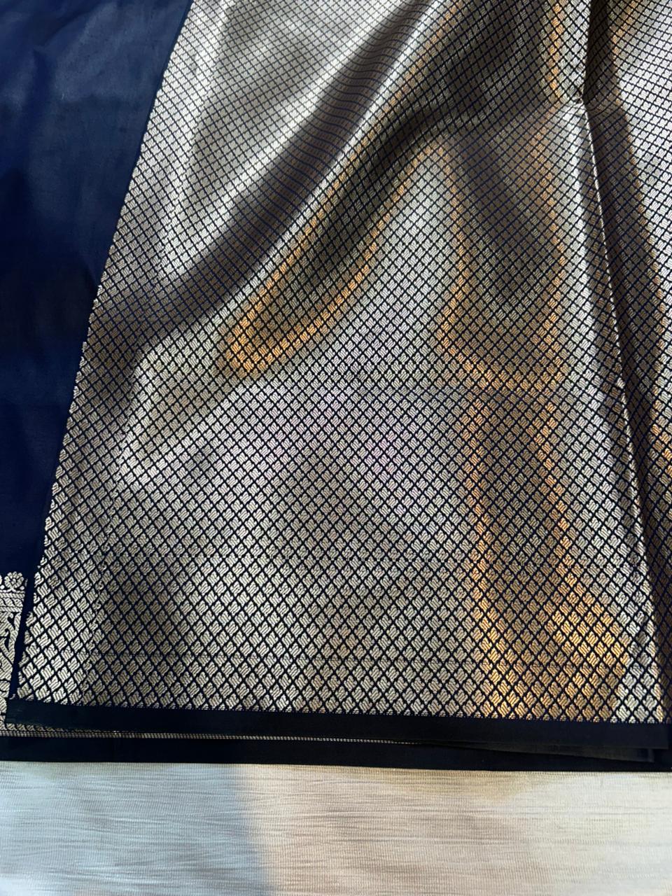 Navy Blue Plain Semi Katan Silk Banarasi Saree with Brocade Blouse | Lightweight Golden Zari Woven Saree