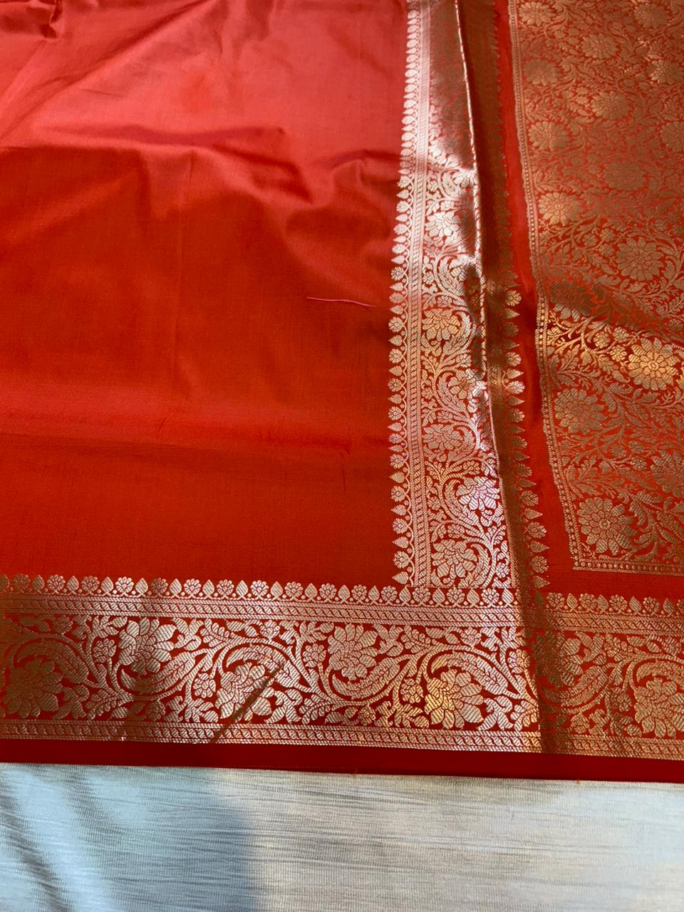 iPhone Orange Plain Semi Katan Silk Banarasi Saree with Brocade Blouse | Lightweight Golden Zari Saree