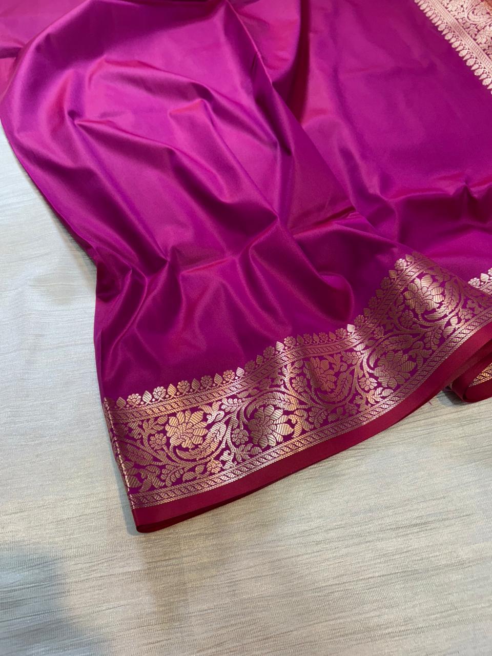 Magenta Pink Plain Semi Katan Silk Banarasi Saree with Brocade Blouse | Lightweight Golden Zari Saree
