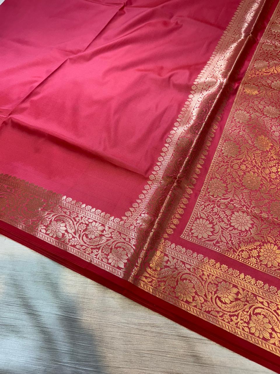 Gajri Pink Plain Semi Katan Silk Banarasi Saree with Brocade Blouse | Lightweight Golden Zari Saree