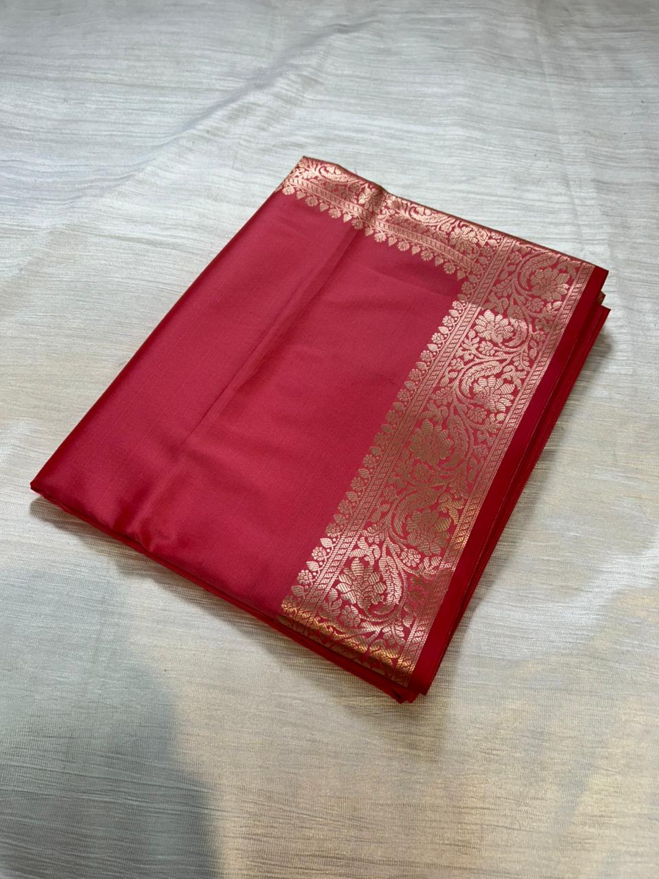 Gajri Pink Plain Semi Katan Silk Banarasi Saree with Brocade Blouse | Lightweight Golden Zari Saree
