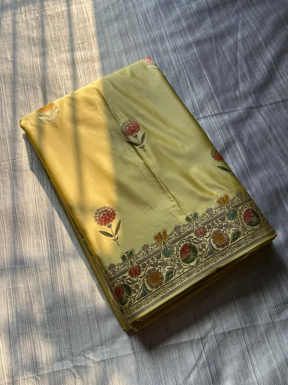 Lemon Yellow Mashru Silk Saree with Hand-Painted Meenakari Pallu