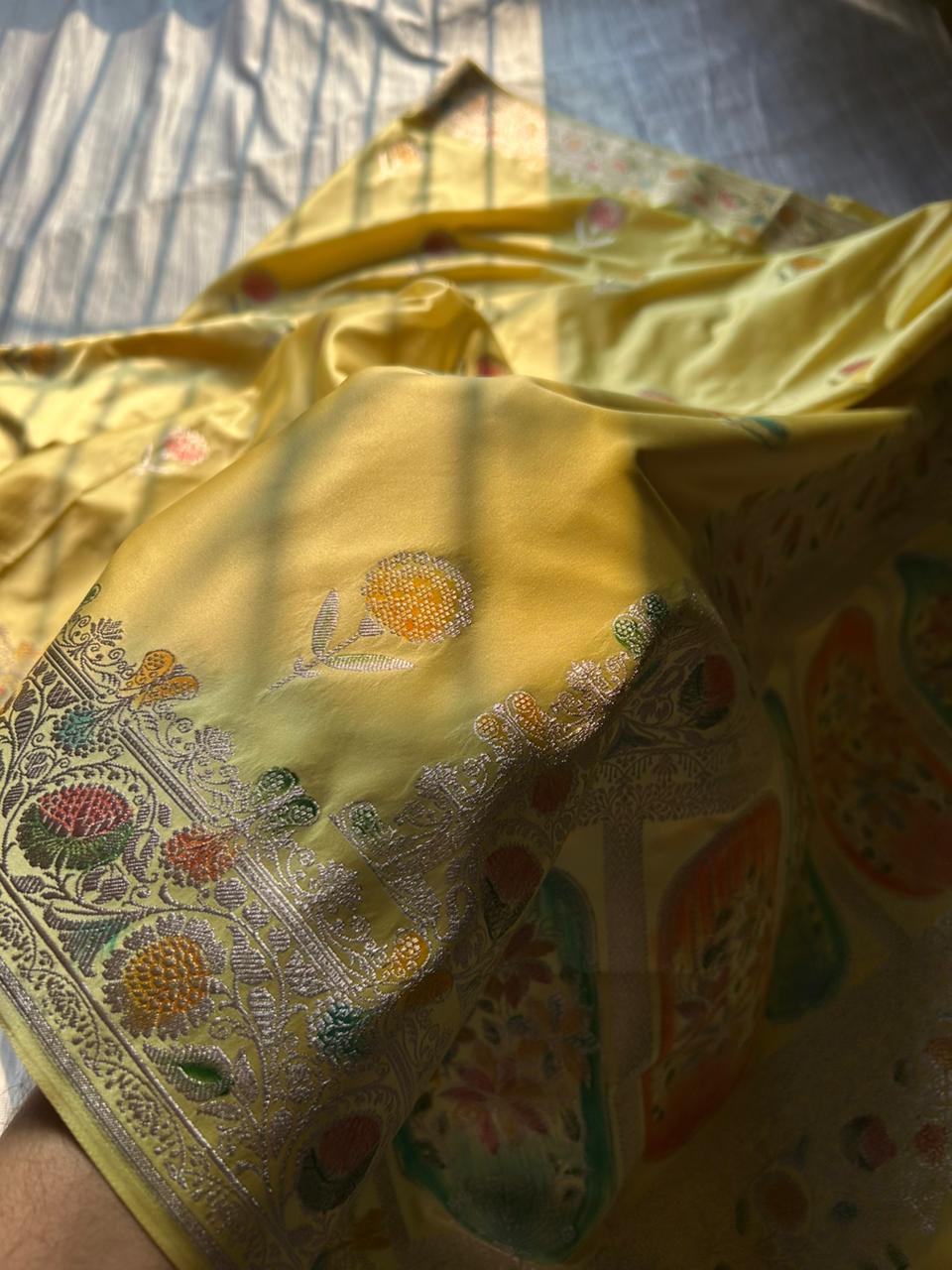 Lemon Yellow Mashru Silk Saree with Hand-Painted Meenakari Pallu