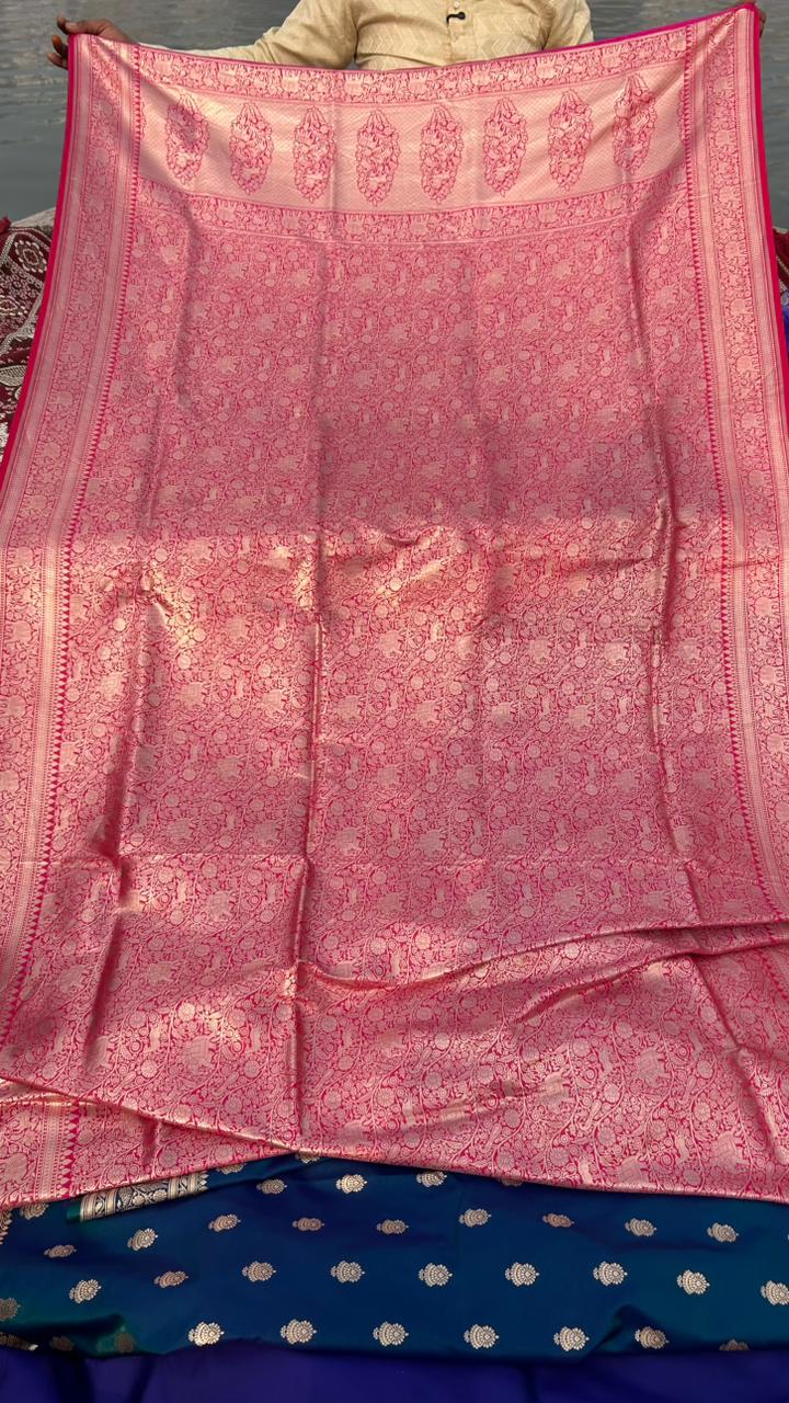 Hot Pink Pure Katan Silk Banarasi Saree – Traditional Shikargah Motifs | Luxury Handloom Wedding Saree