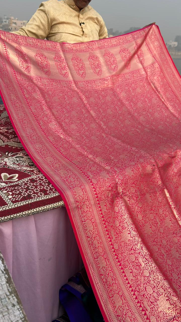 Hot Pink Pure Katan Silk Banarasi Saree – Traditional Shikargah Motifs | Luxury Handloom Wedding Saree
