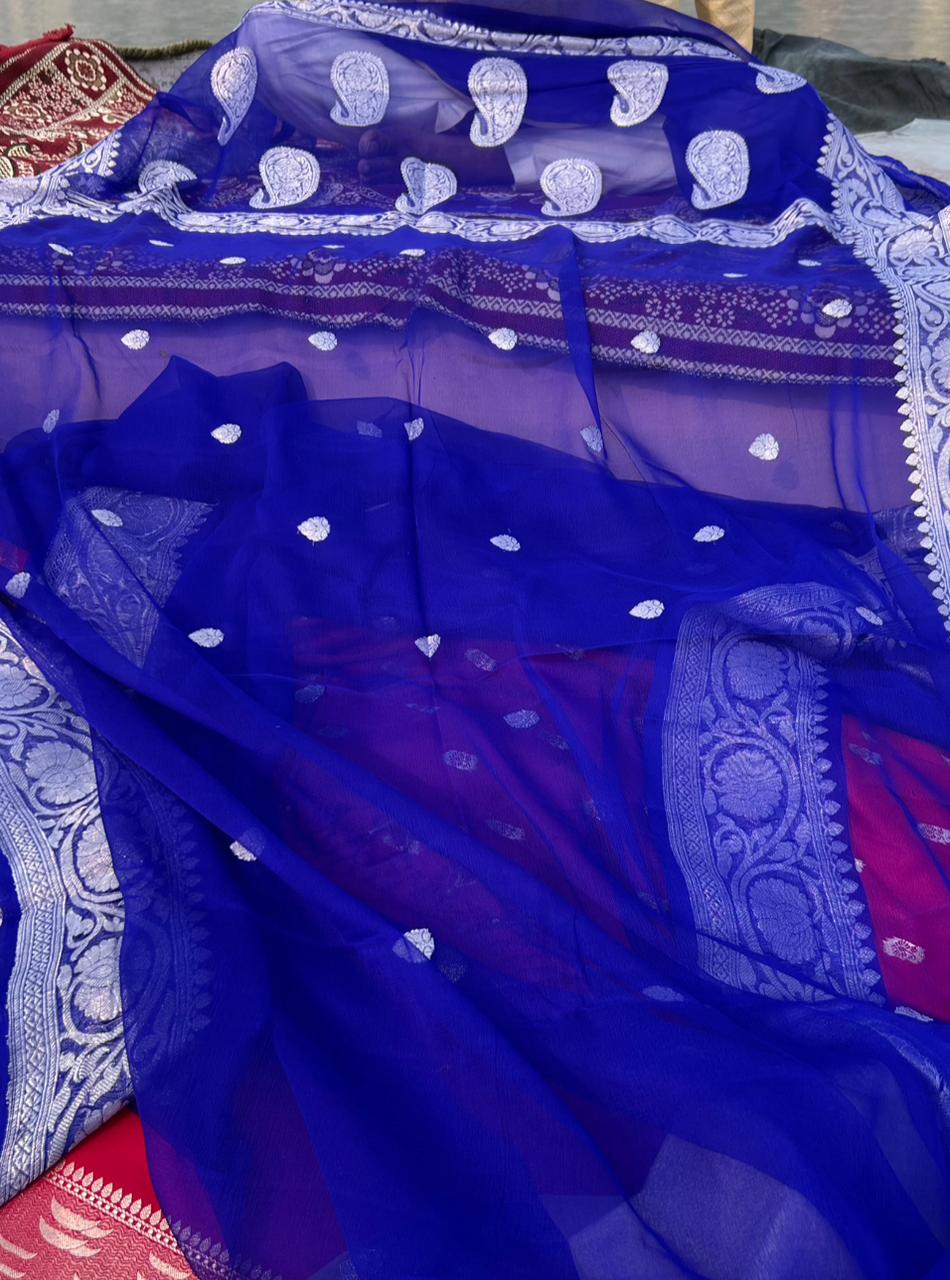 Royal Blue Khadi Georgette Banarasi Saree – Silver Zari Weaving | Ring Test Handloom Saree