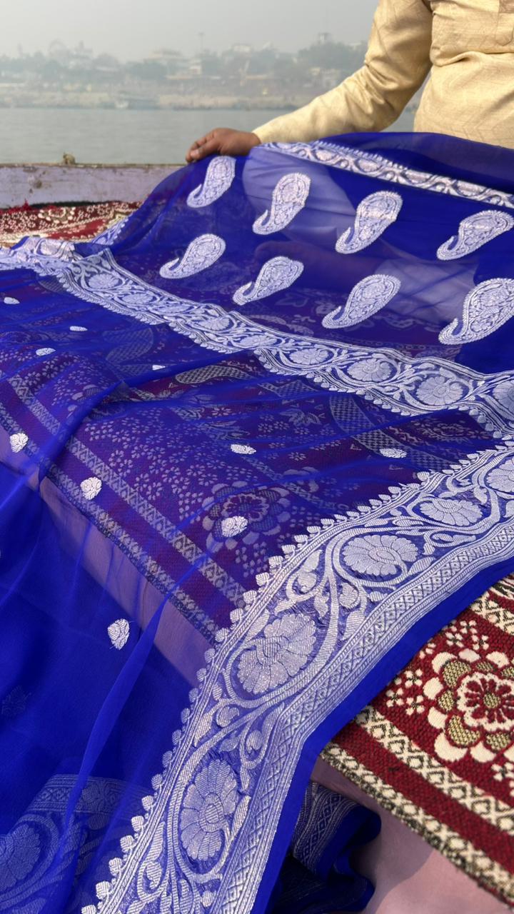 Royal Blue Khadi Georgette Banarasi Saree – Silver Zari Weaving | Ring Test Handloom Saree