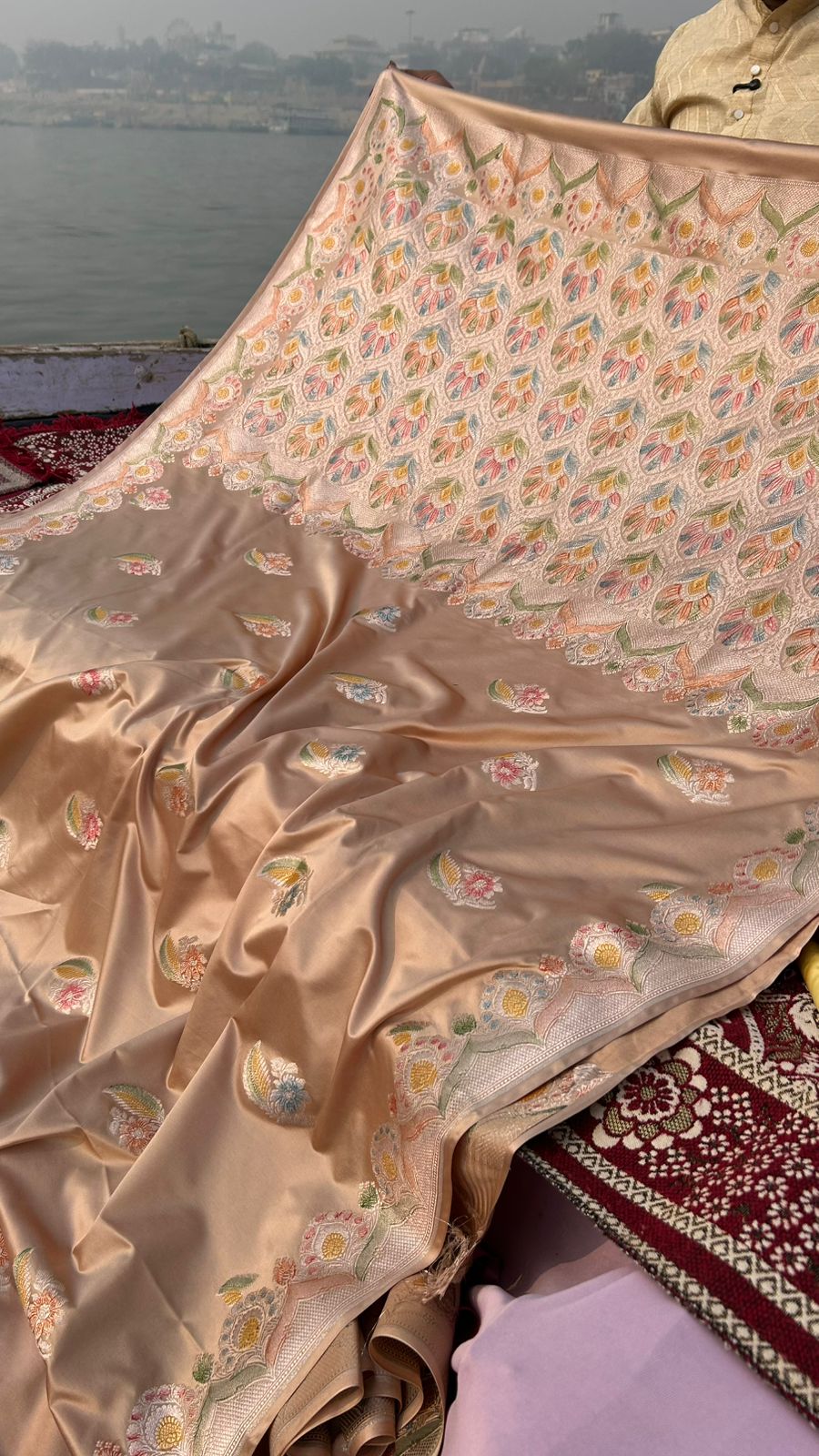 Majestic Camel Copper Handbrush Mashru Silk Saree – Hand Painted Meenakari | Scallop Border Banarasi Saree