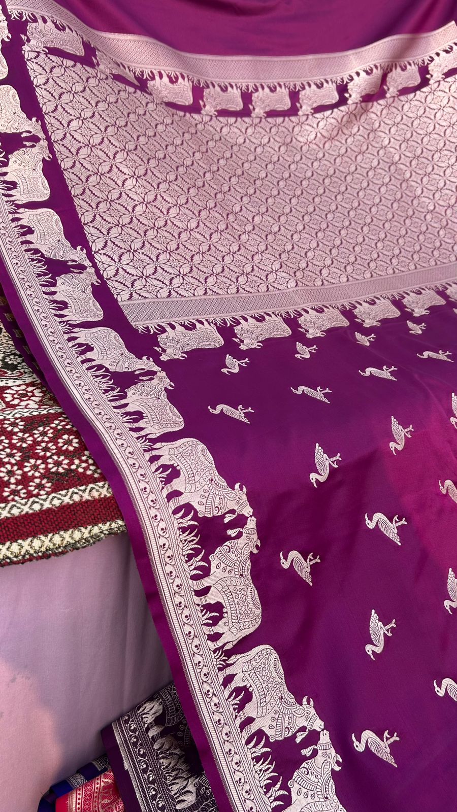 Magenta Purple Mashru Katan Silk Saree – Nandi Bail Border & Siberian Bird Motifs | Artistic Banarasi Saree