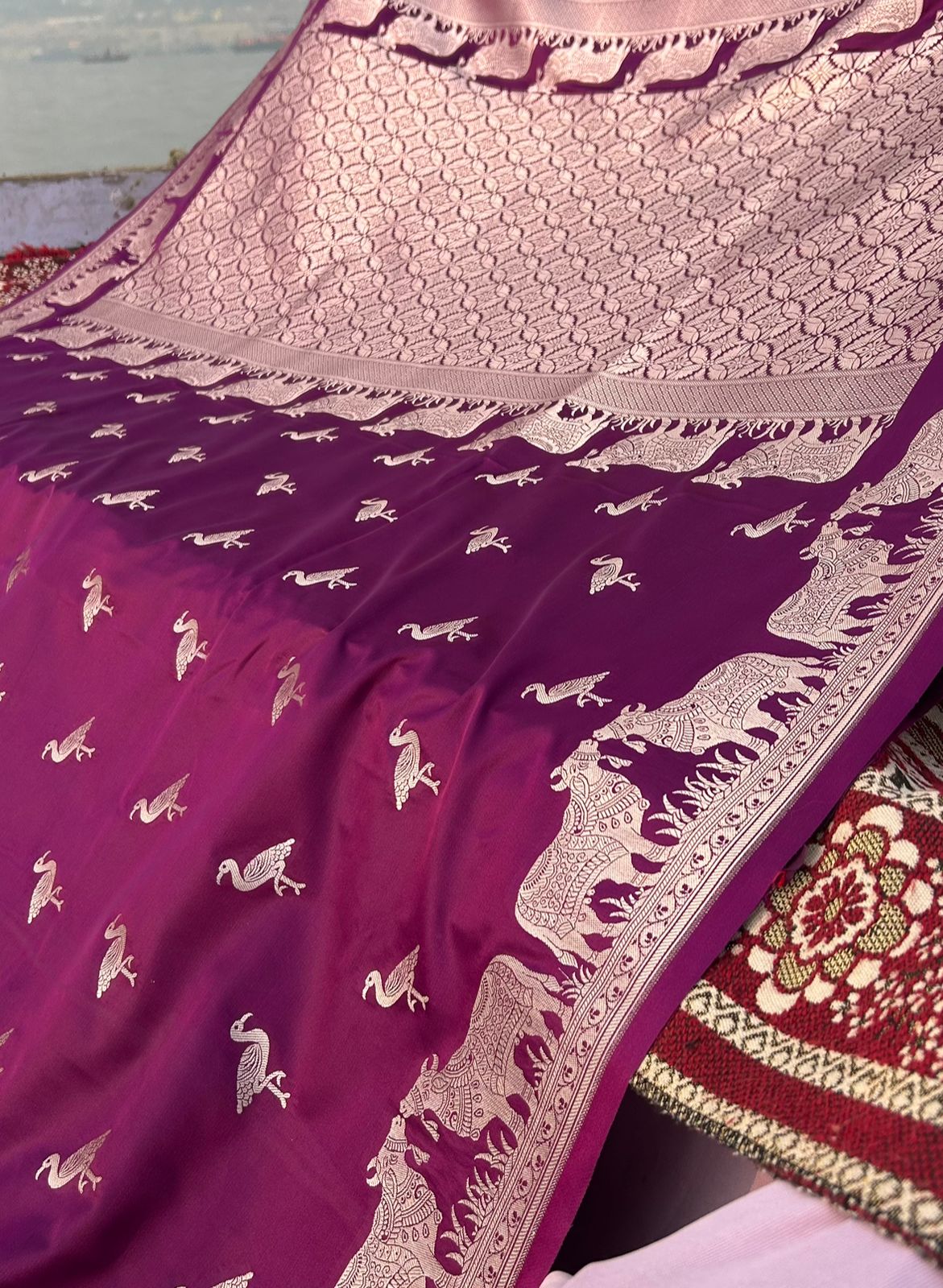 Magenta Purple Mashru Katan Silk Saree – Nandi Bail Border & Siberian Bird Motifs | Artistic Banarasi Saree