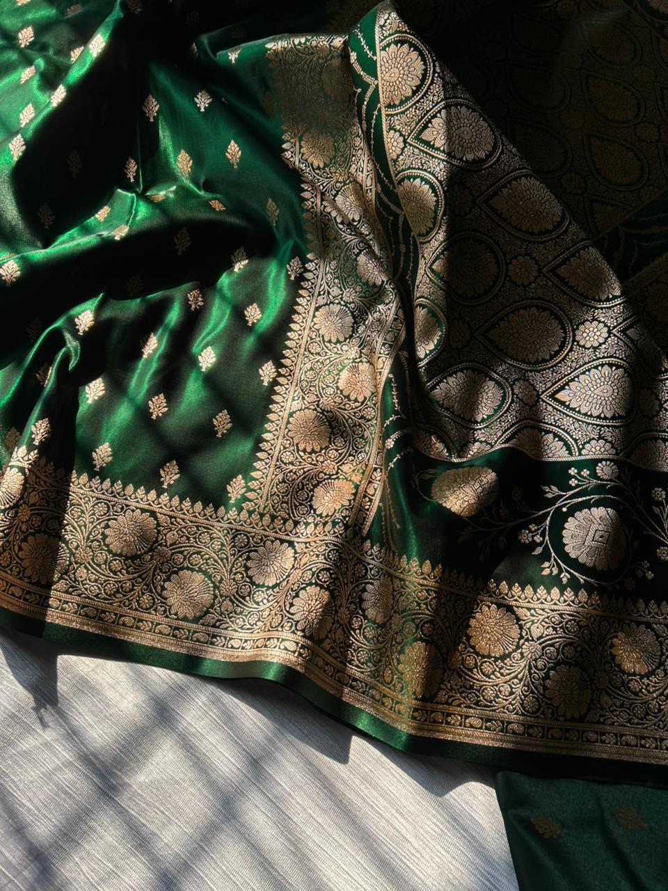 Bottle Green Satin Silk Saree | Floral Border with Traditional Butti Body | Elegant Party Wear Saree