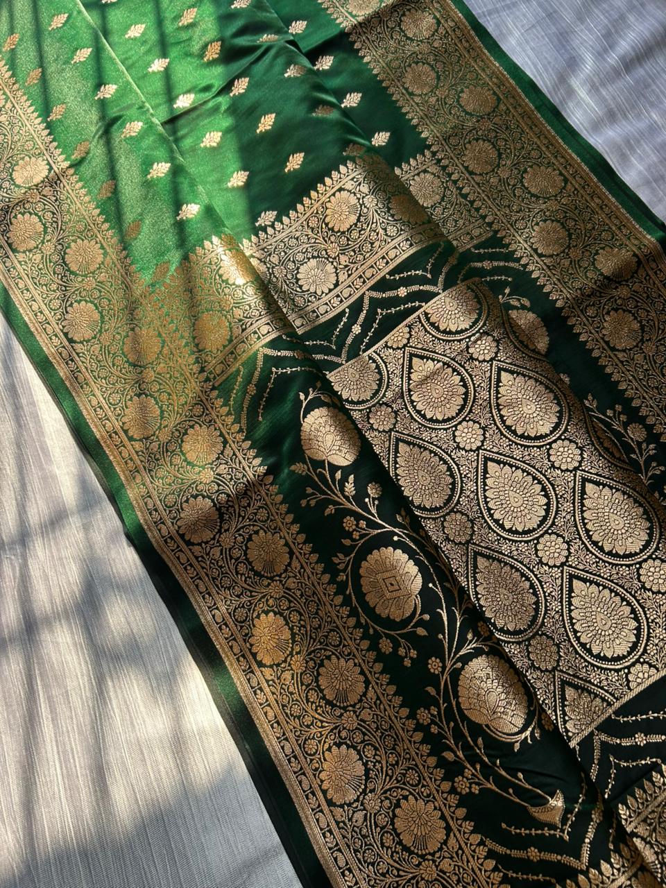 Bottle Green Satin Silk Saree | Floral Border with Traditional Butti Body | Elegant Party Wear Saree