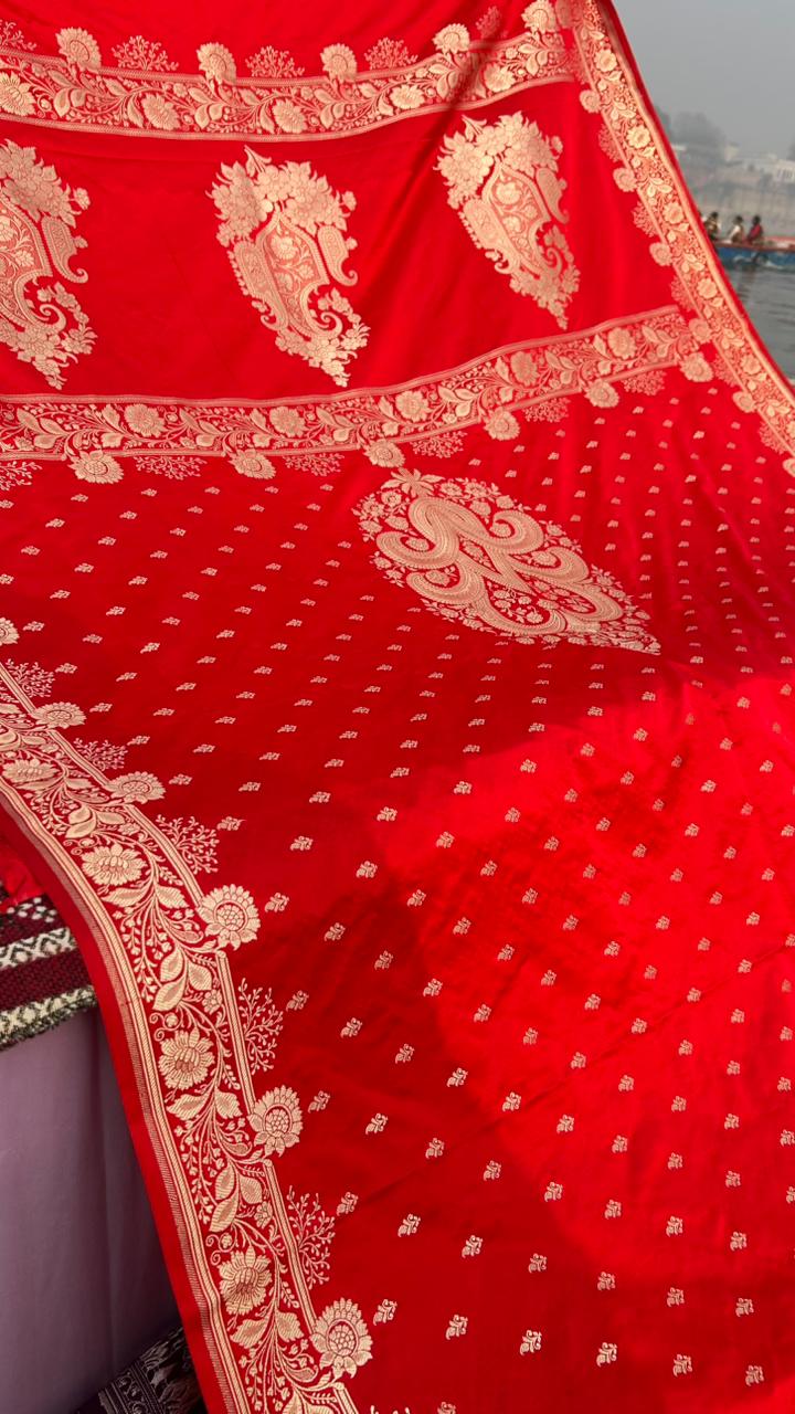 Designer Red Mashru Katan Silk Saree with Shoulder Hand Design & Rose Gold Zari | Elegant Party Wear Banarasi Saree