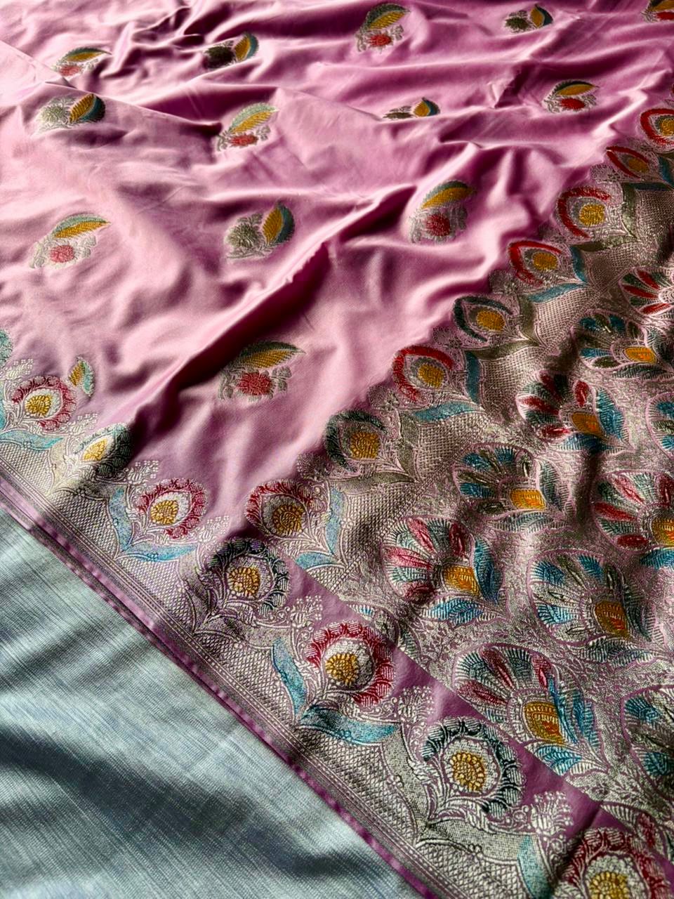 Powder Pink Premium Mashru Katan Silk Saree | Handcrafted Meenakari Double Leaf Design