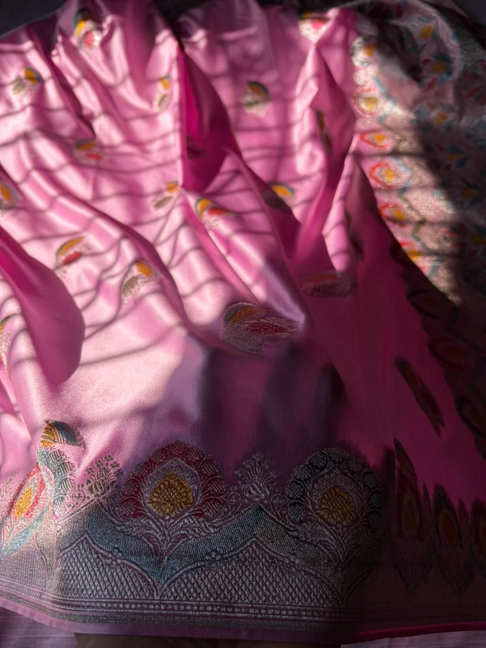 Powder Pink Premium Mashru Katan Silk Saree | Handcrafted Meenakari Double Leaf Design
