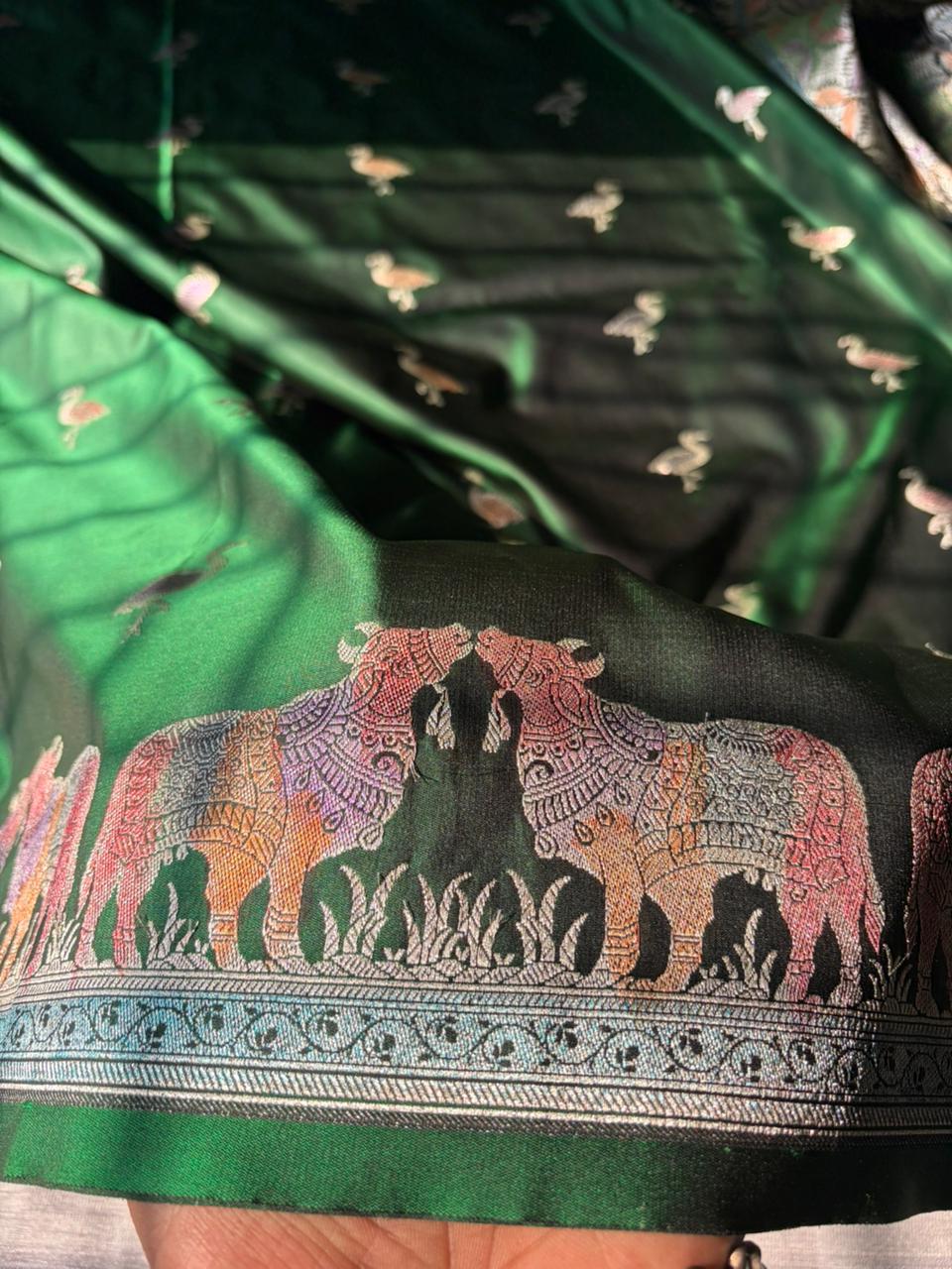 Exclusive Nandi Hath Rang Bottle Green Mashru Katan Silk Saree with Hand-Painted Meenakari & Pichwai Sikargha Border | Premium Banarasi Designer Saree