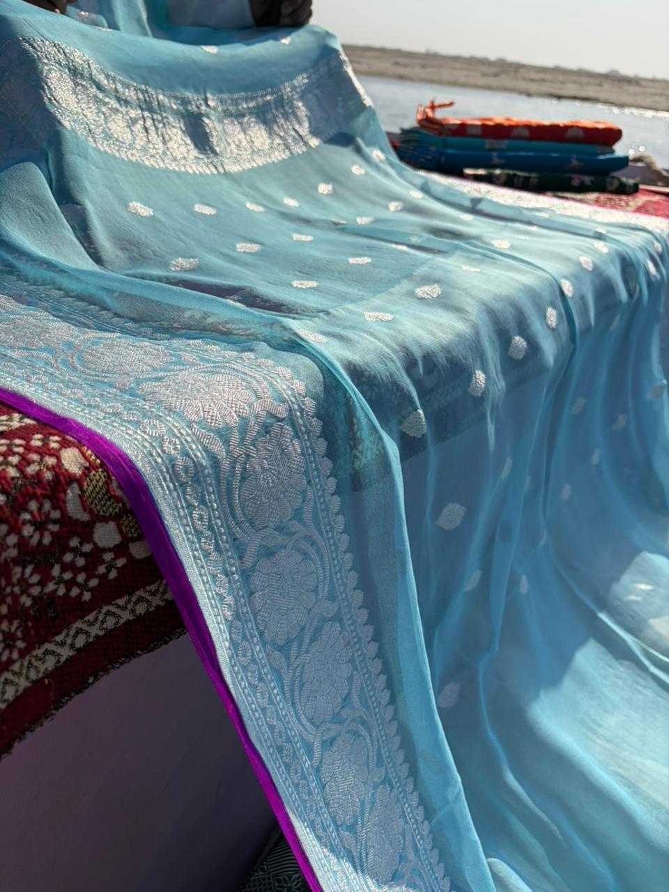 Ice Blue Khadi Georgette Saree with Magenta Purple Contrast – Handloom Elegance | Lightweight Premium Saree