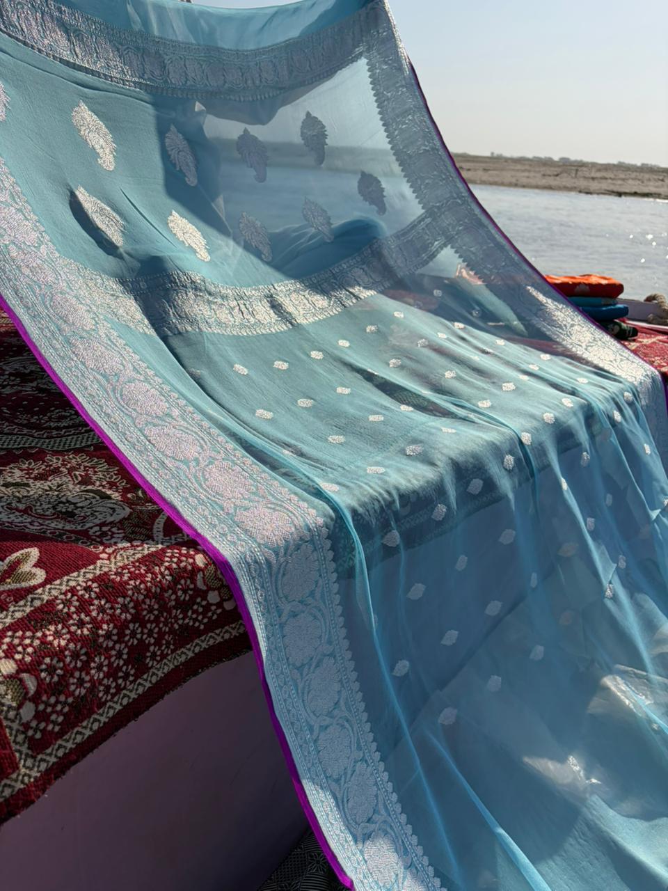 Ice Blue Khadi Georgette Saree with Magenta Purple Contrast – Handloom Elegance | Lightweight Premium Saree