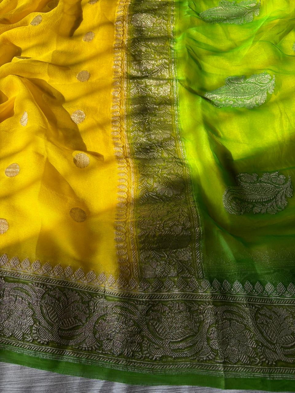Lemon Yellow & Kaccha Aam Green Khadi Georgette Saree with Real Silver Zari