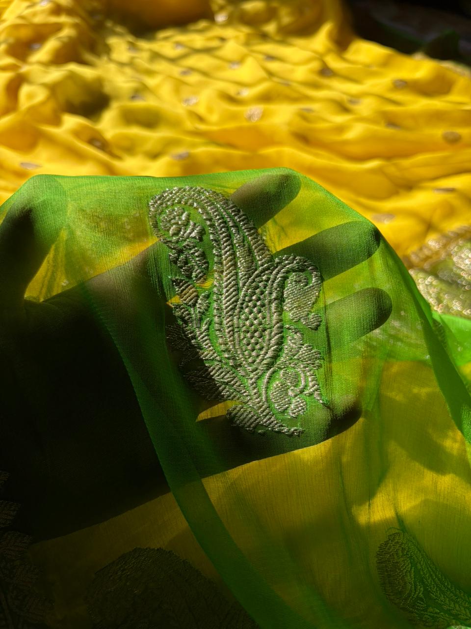 Lemon Yellow & Kaccha Aam Green Khadi Georgette Saree with Real Silver Zari