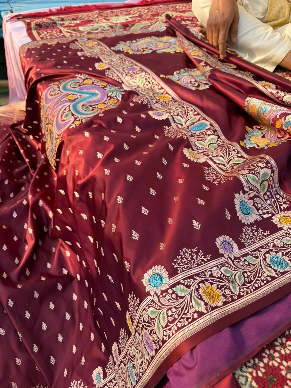 Handpainted Coffee Color Banarasi Saree in Mashru Katan Silk | Meenakari Butta Work | Designer Pallu | Lightweight Premium Saree