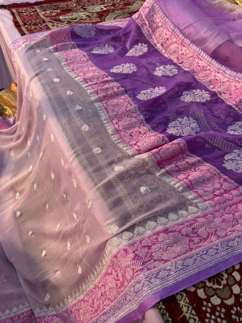 Pure Khadi Georgette Nude Pink Saree with Lavender Border | Real Silver Zari Handloom Saree | Lightweight Pastel Party Wear
