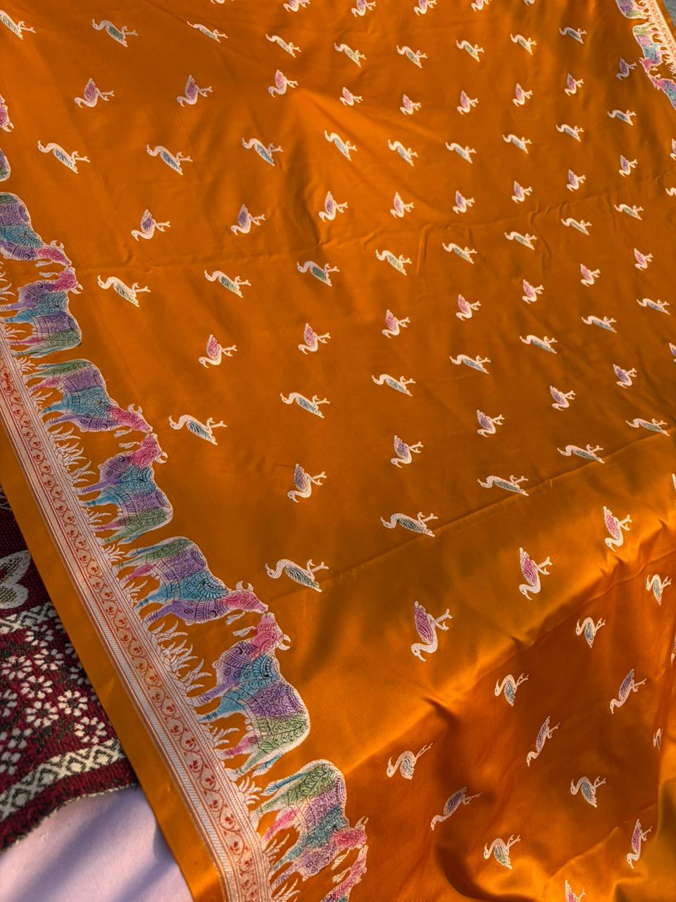 Peet Pichwai Mashru Silk Saree – Mustard Yellow Handpainted Hath Rang Saree | Traditional Pichwai Art | Premium Designer Saree