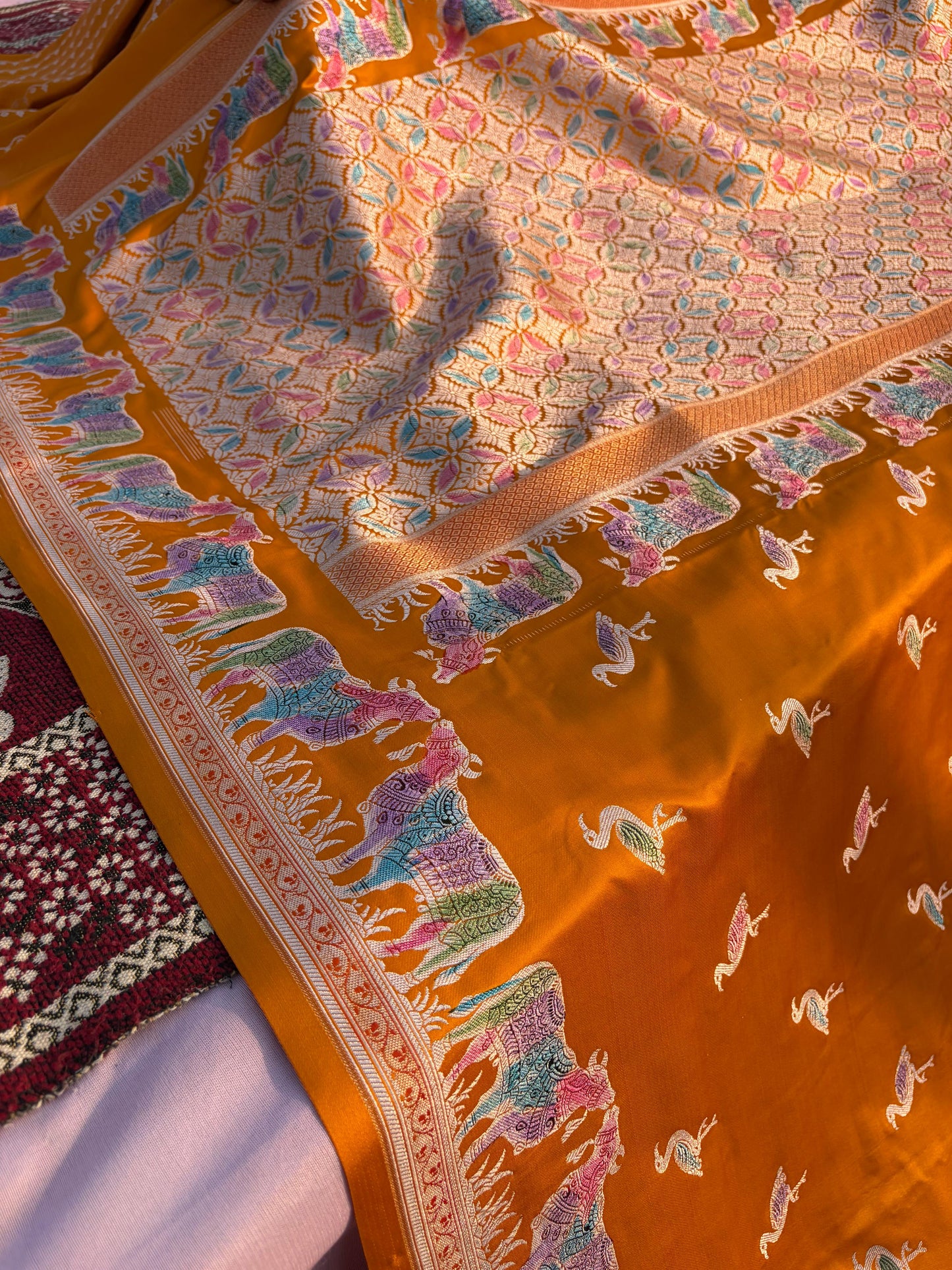 Peet Pichwai Mashru Silk Saree – Mustard Yellow Handpainted Hath Rang Saree | Traditional Pichwai Art | Premium Designer Saree