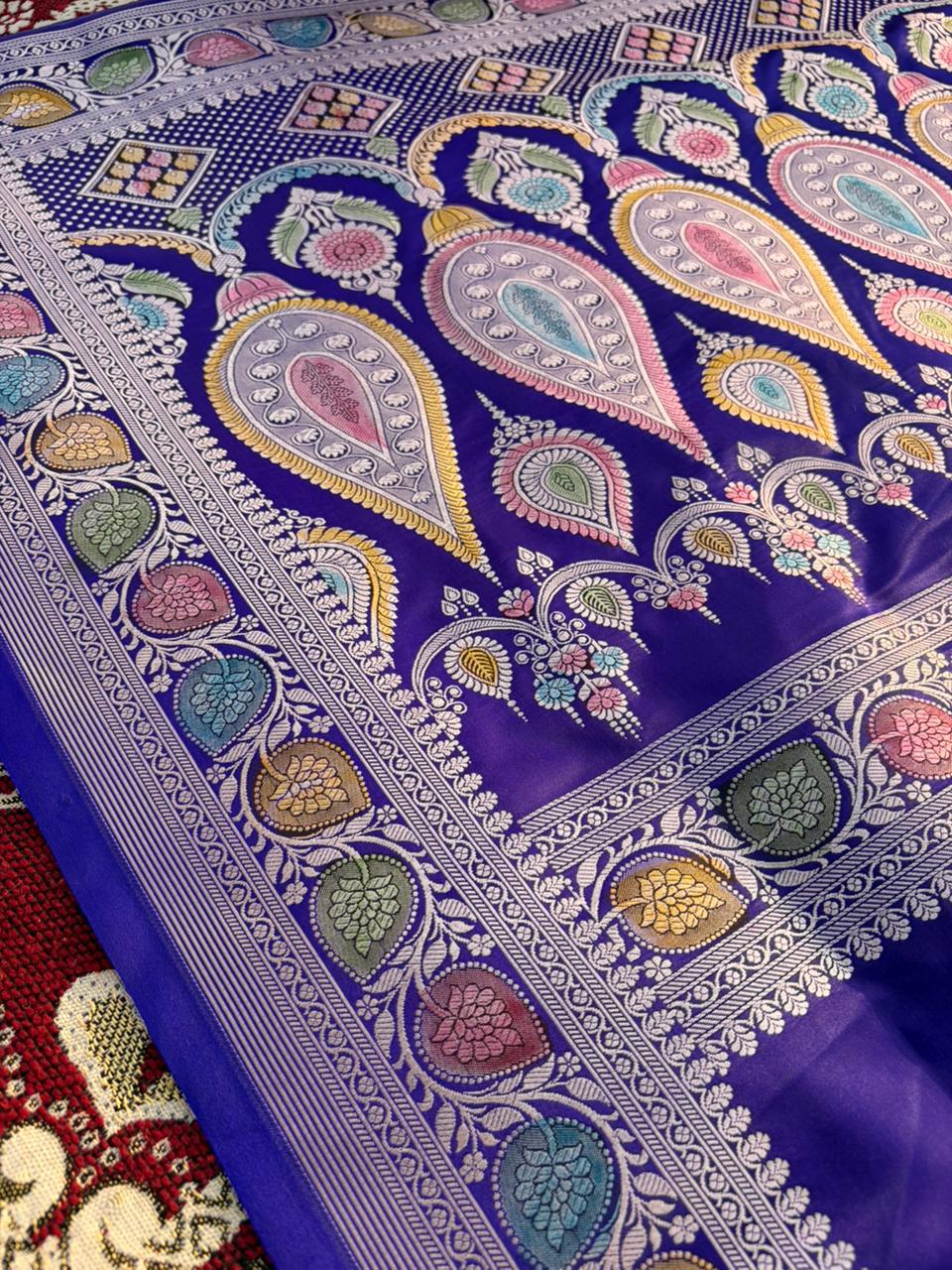 Neel Kalamkari Mashru Silk Saree | Handpainted Hath Rang Border | Rose Gold Zari | Minimal Designer Saree