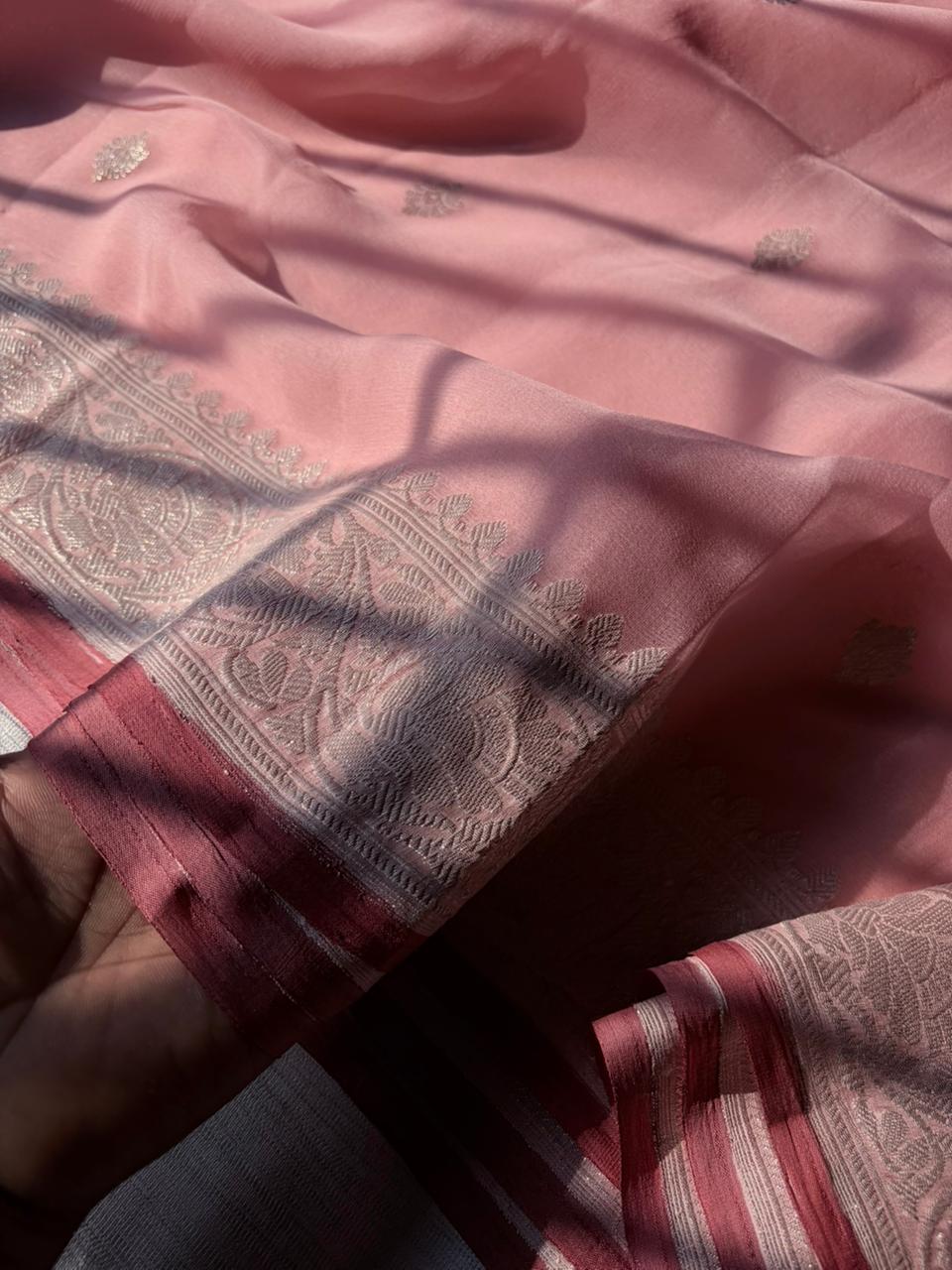 Dusty Rose Kandva Saree Pure Khadi Georgette Handloom