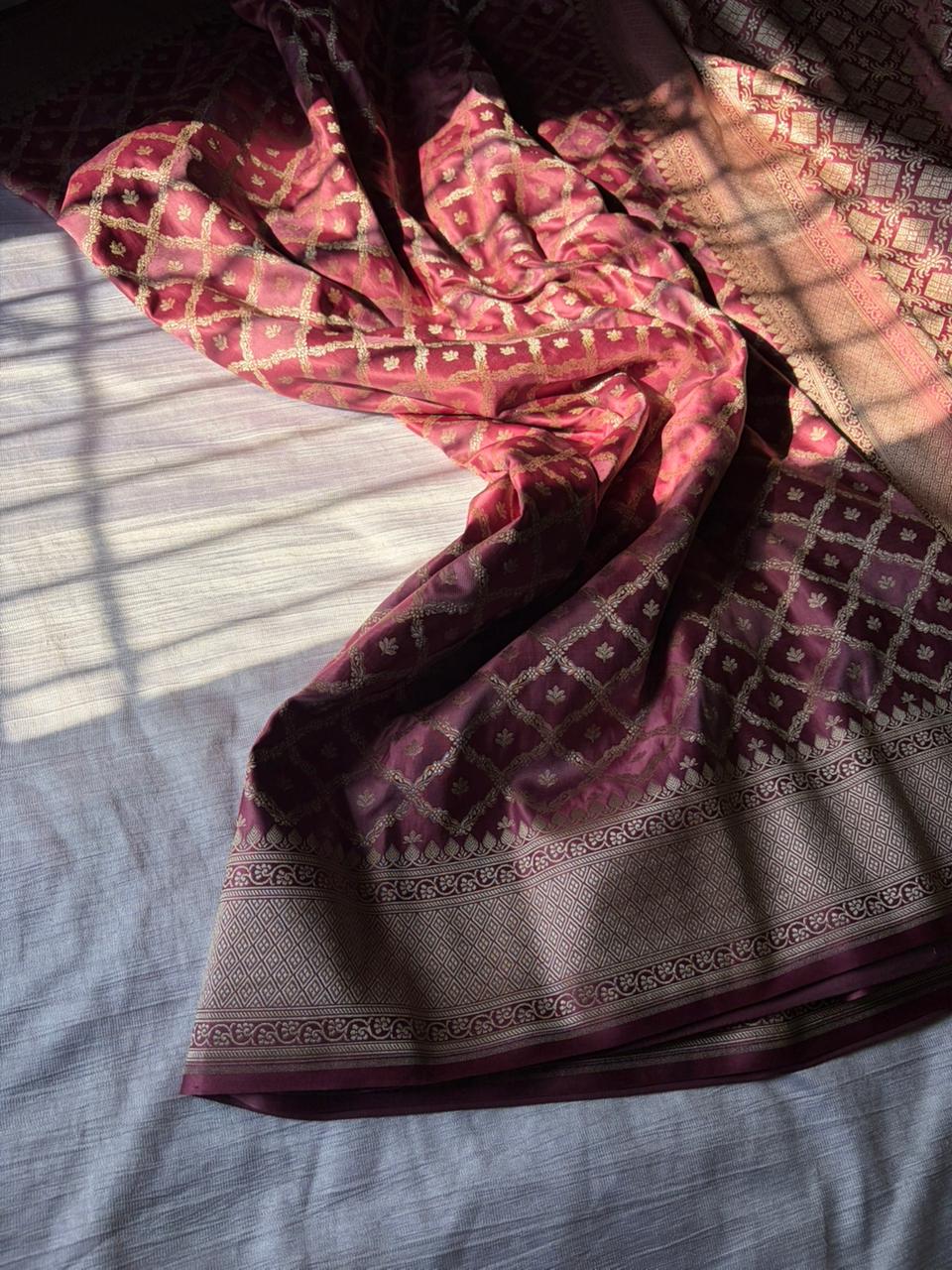 Nude Pink Rangkat Mashru Silk Saree | Mughal Arch Motif | Zari Border & Pallu
