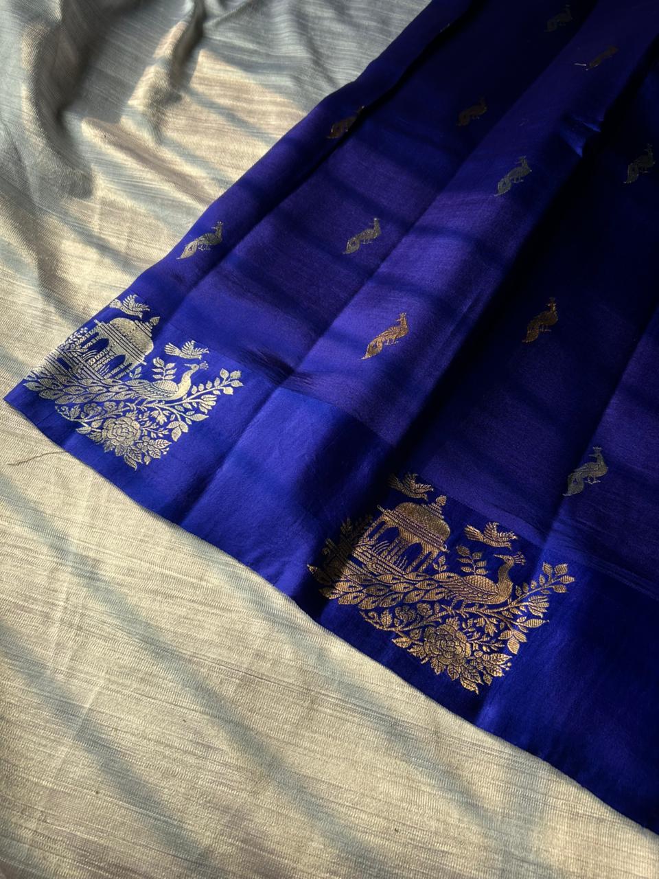 Royal Blue Handspun Banarasi Silk Saree | Real Sona Rupa Zari with Peacock Motifs