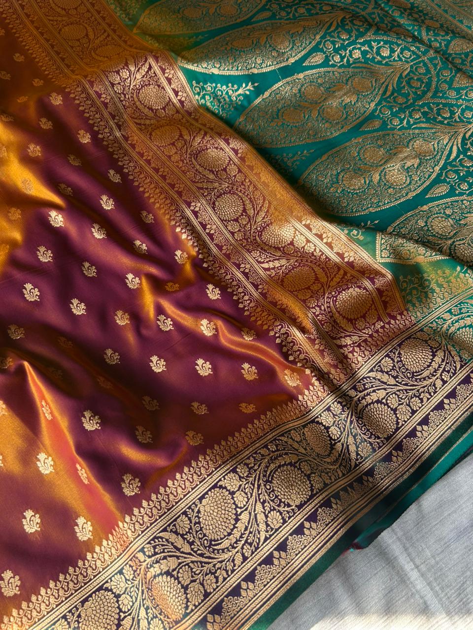 Sunburn Golden Satin Silk Saree with Rama Green Contrast Pallu & Blouse | Leaf Floral Design Party Wear Saree