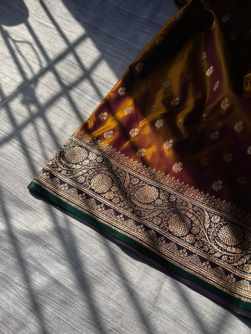 Sunburn Golden Satin Silk Saree with Rama Green Contrast Pallu & Blouse | Leaf Floral Design Party Wear Saree