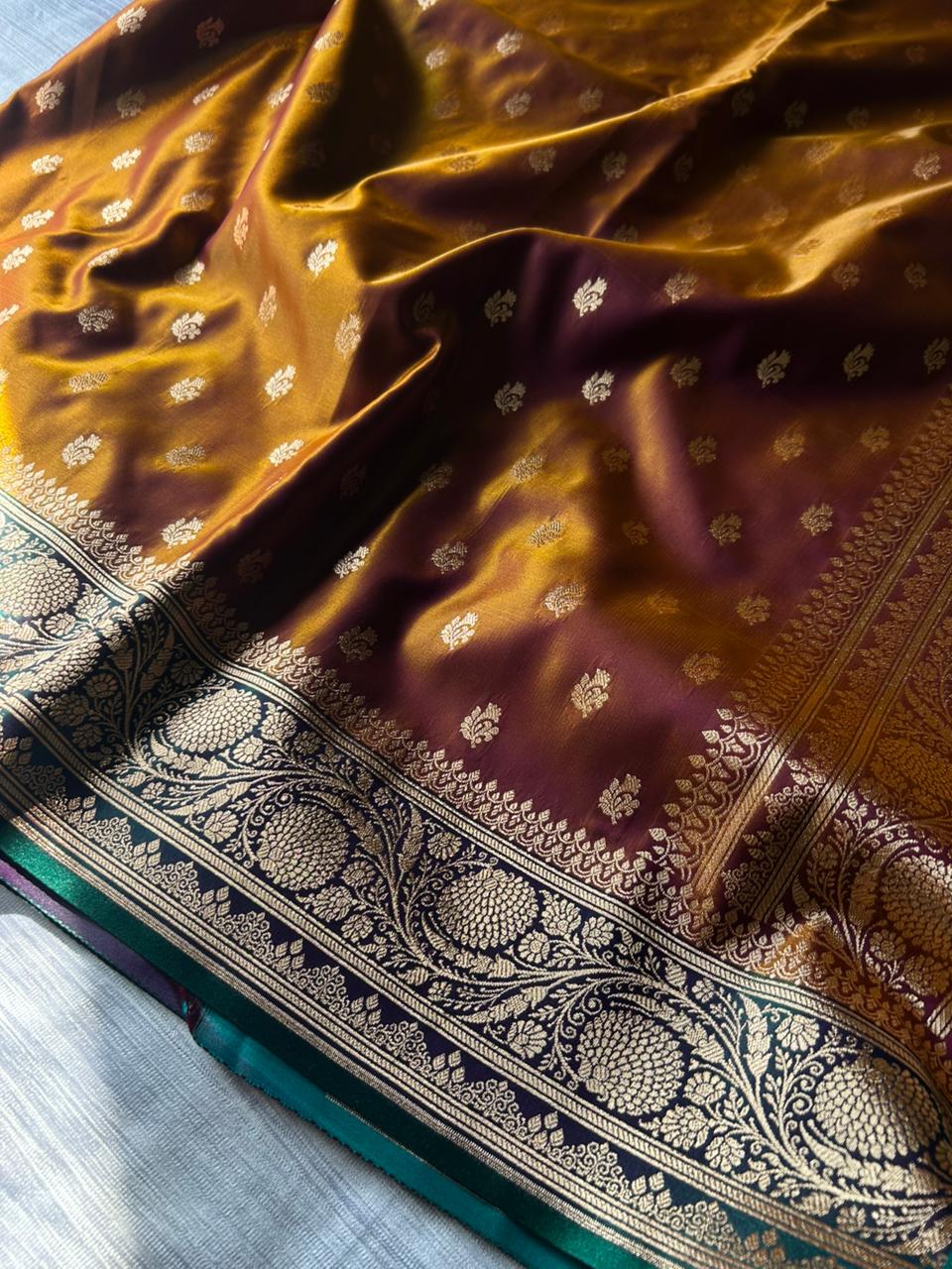 Sunburn Golden Satin Silk Saree with Rama Green Contrast Pallu & Blouse | Leaf Floral Design Party Wear Saree