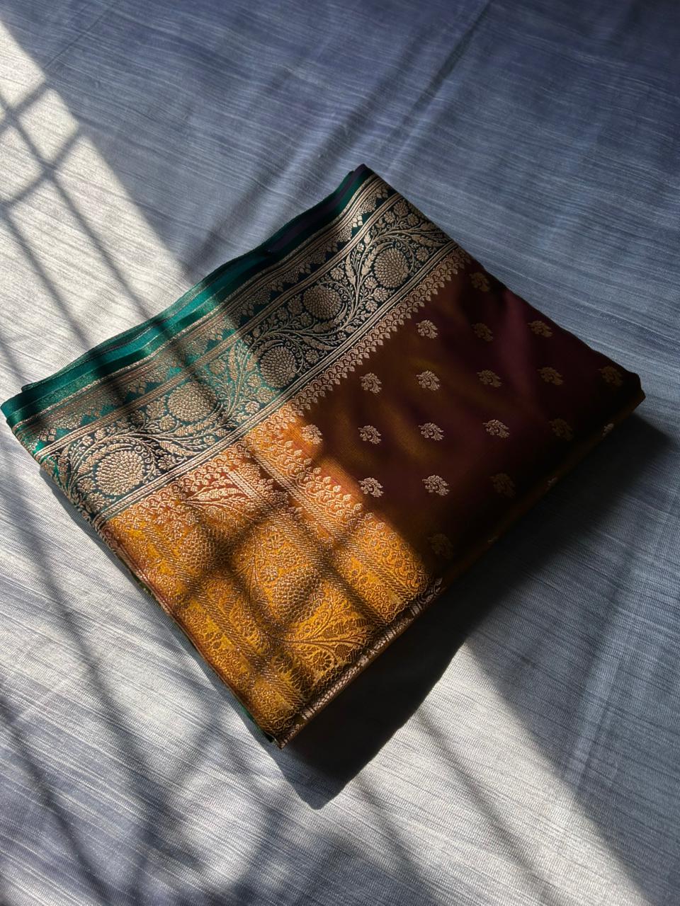 Sunburn Golden Satin Silk Saree with Rama Green Contrast Pallu & Blouse | Leaf Floral Design Party Wear Saree