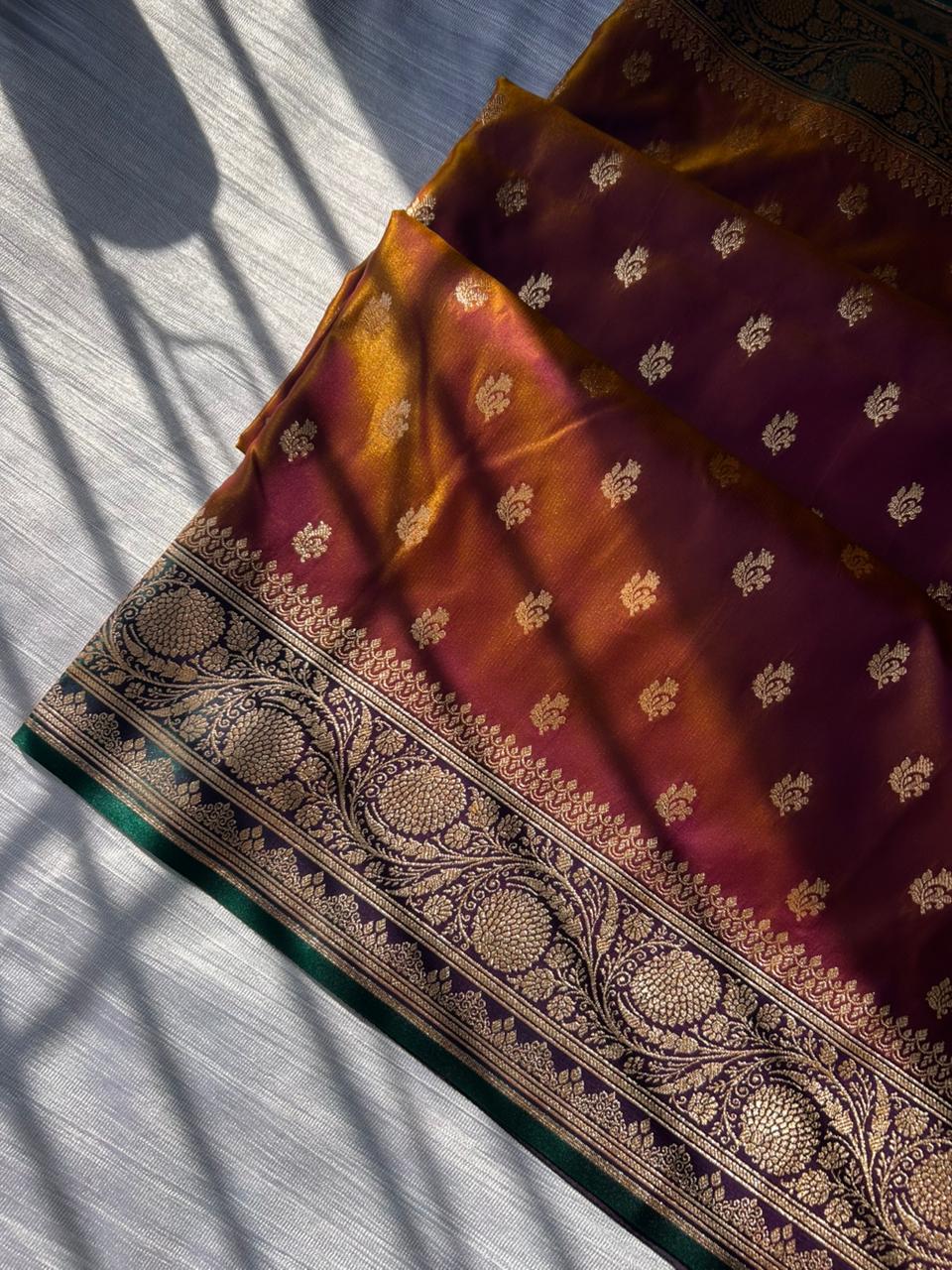 Sunburn Golden Satin Silk Saree with Rama Green Contrast Pallu & Blouse | Leaf Floral Design Party Wear Saree