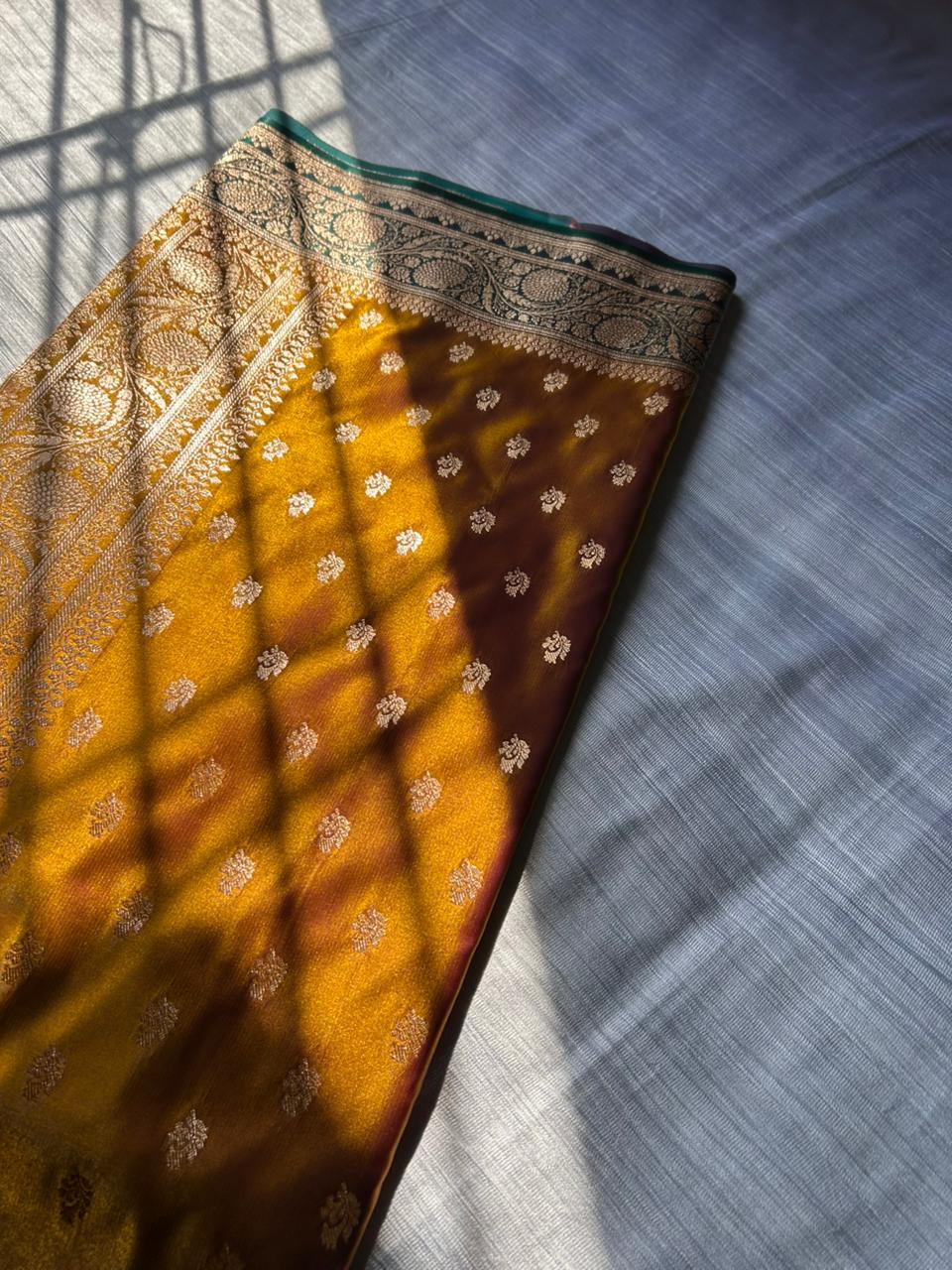 Sunburn Golden Satin Silk Saree with Rama Green Contrast Pallu & Blouse | Leaf Floral Design Party Wear Saree