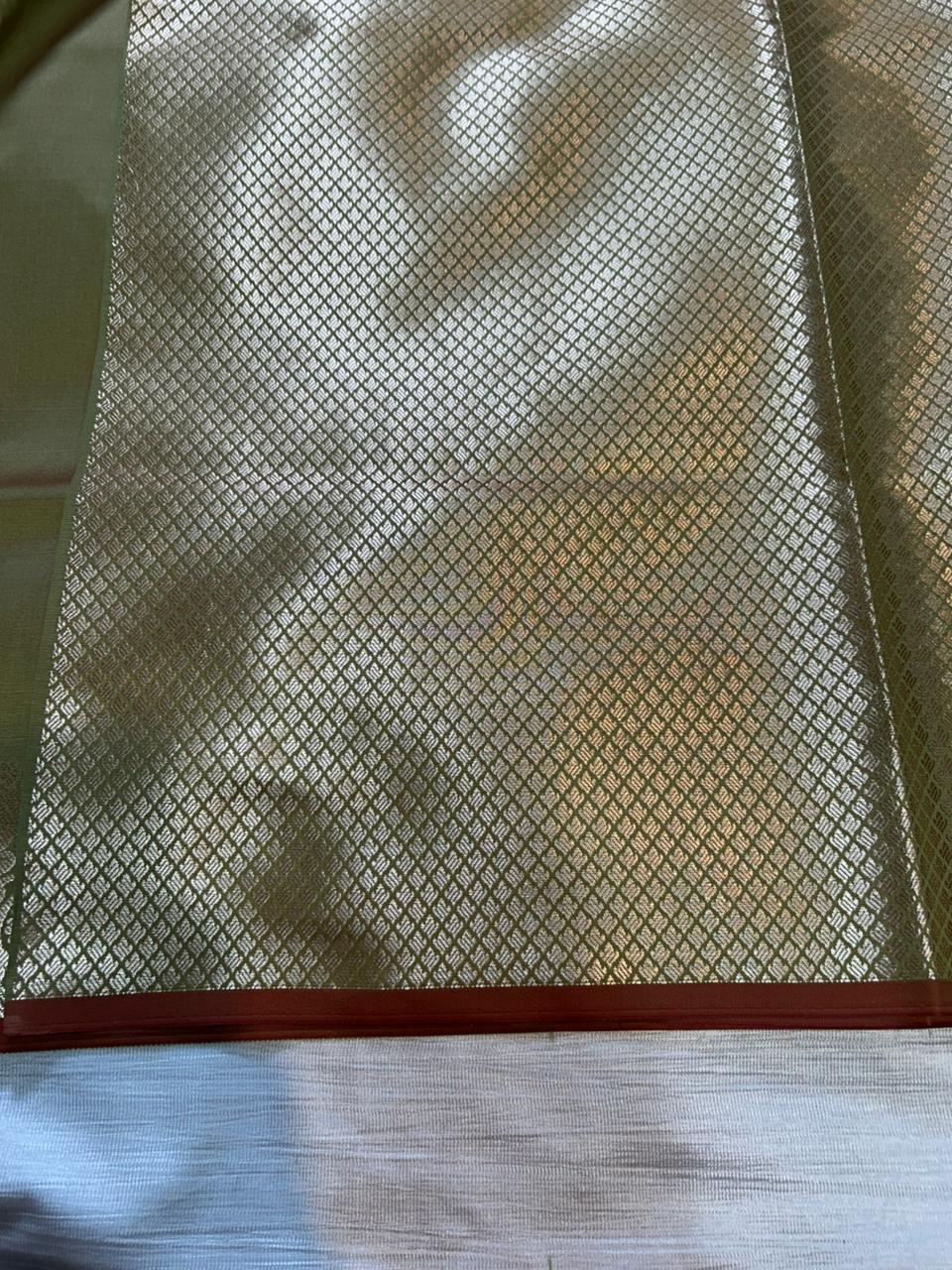 Pista Green Plain Semi Katan Silk Banarasi Saree with Brocade Blouse | Lightweight Golden Zari Saree