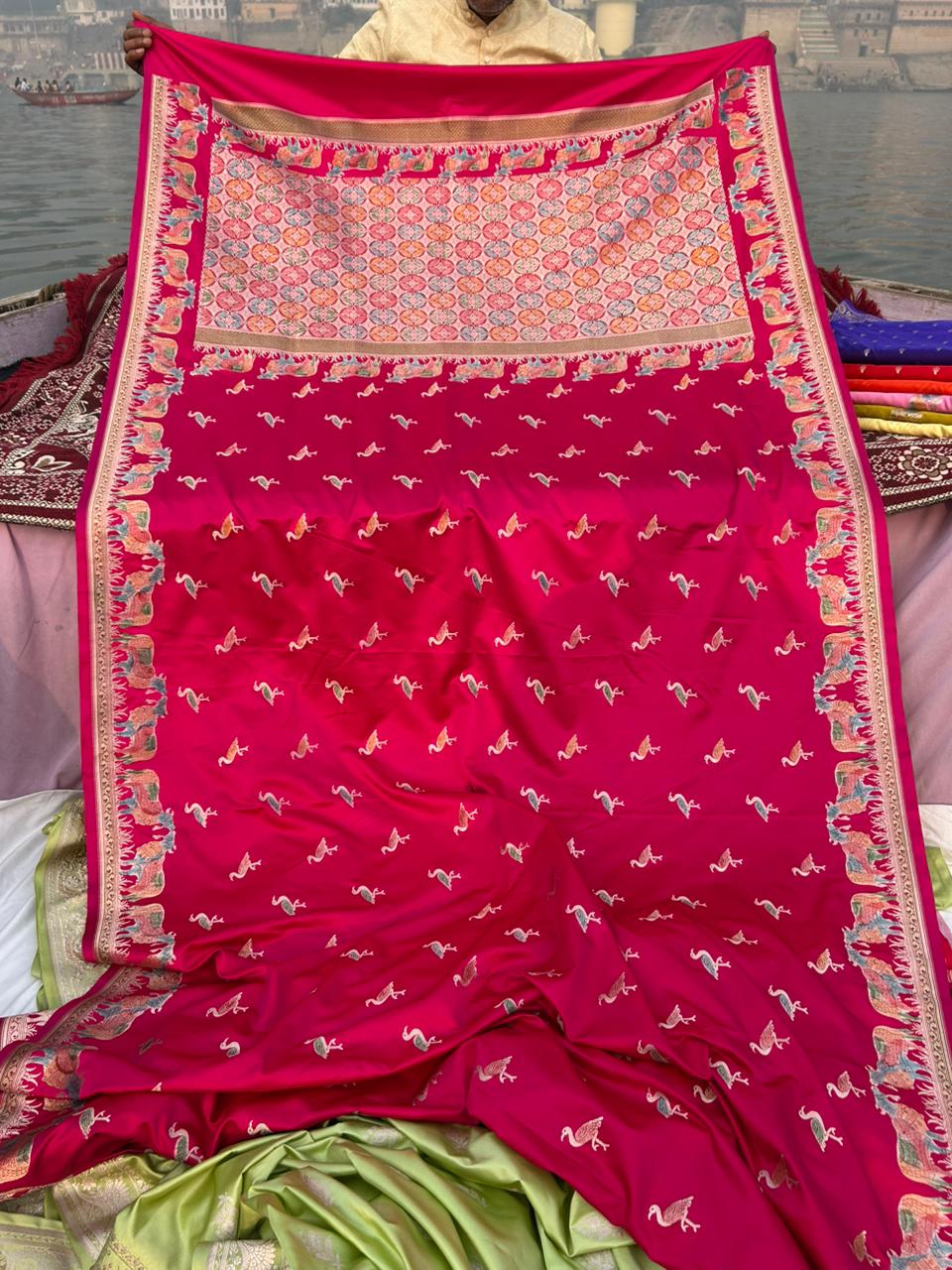 Rani Pink Mashru Katan Silk Saree with Hand-Painted Meenakari & Pichwai Sikargha Border