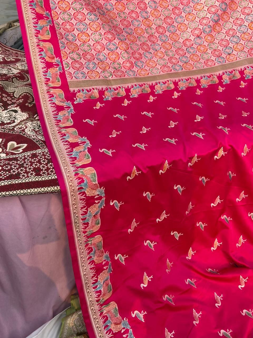 Rani Pink Mashru Katan Silk Saree with Hand-Painted Meenakari & Pichwai Sikargha Border