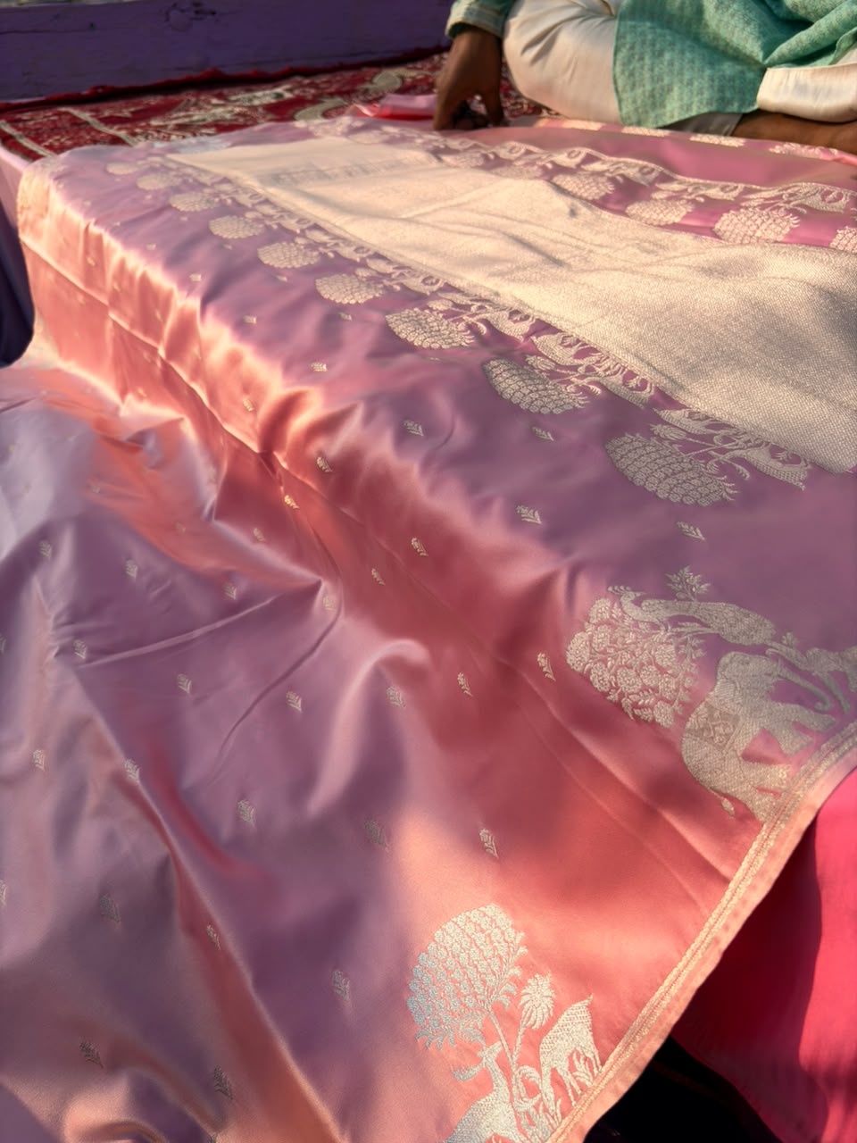 Premium Mashru Silk Onion Pink Saree | Deer Couple & Elephant Motif
