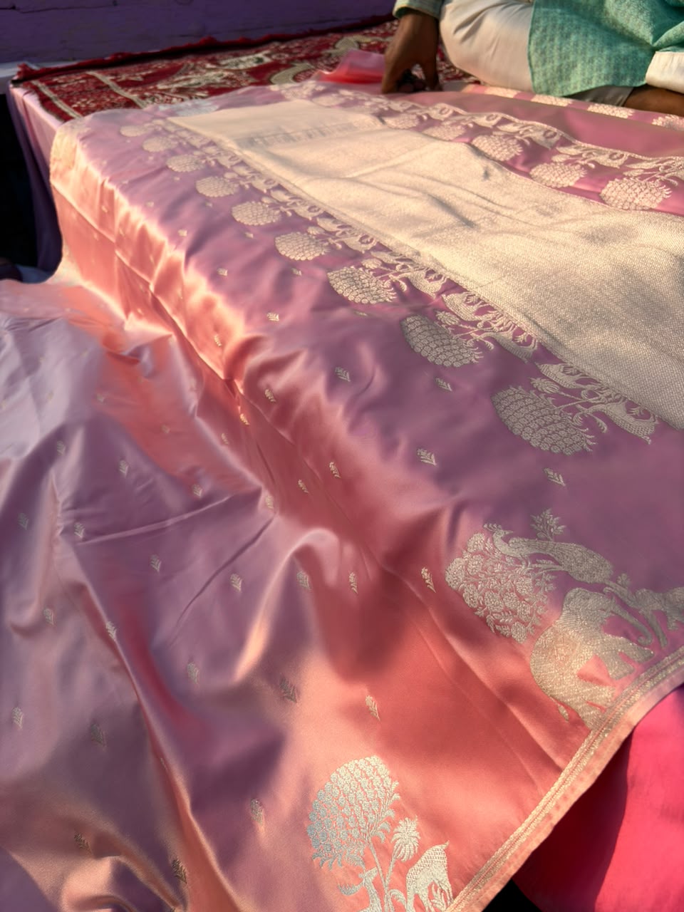 Premium Mashru Silk Onion Pink Saree | Deer Couple & Elephant Motif