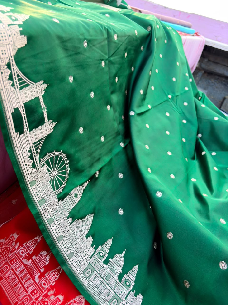 Bottle Green London Skyline Banarasi Mashru Silk Saree - border detail view