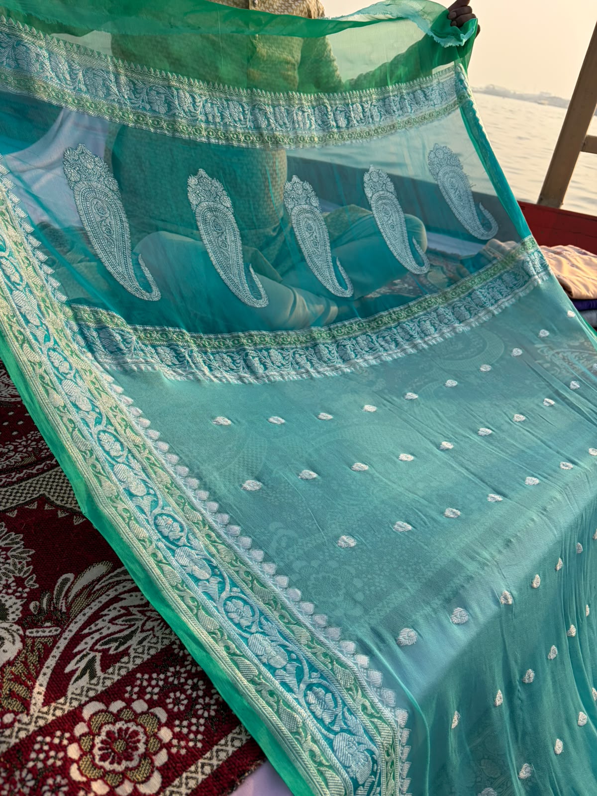 Pure Khadi Georgette Saree – 3D Dye | Sea Green with Silver Zari